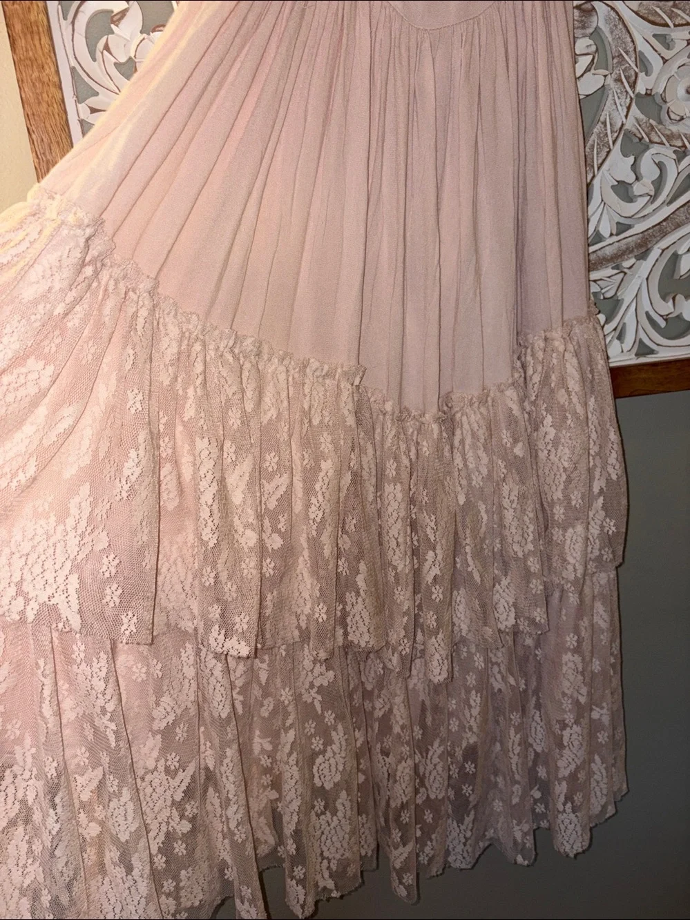 Joyfolie Mia Joy Catrin Boho Lace Tiered Maxi Chiffon Dress Blush sz 12 EUC